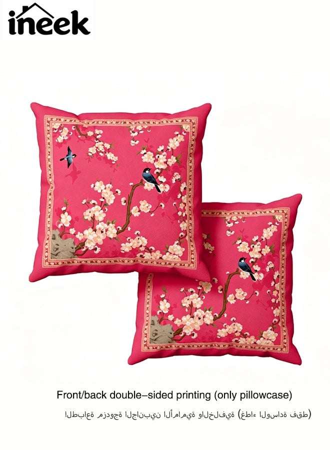 آي نيك 3 حزمة Chinoiserie رمي غطاء الوسادة 18x18 بوصة ، زهرة الكرز الوردية والطيور الأزرق حقائب الوسادة الزخرفية ، غطاء الوسادة الناعمة القصيرة المزدوجة للكريكة أريكة غرفة المعيشة غرفة النوم ديكور المنزل - Image 3
