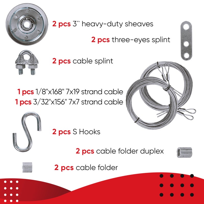 Granatan Garage Door Cable and Pulley Replacement Kit, 2 Galvanized Aircraft Cables - 3/32" and 1/8" Diameter, Two Heavy Duty 3" Sheaves, 10 Fasteners for Overhead Sectional Garage Doors - Image 2