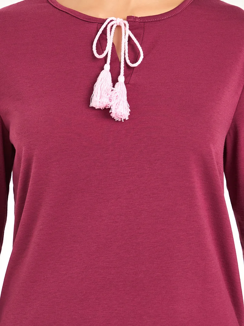 Styli 3/4 Sleeves Tassel Detail T-shirt and Leaf AOP Pyjama Set