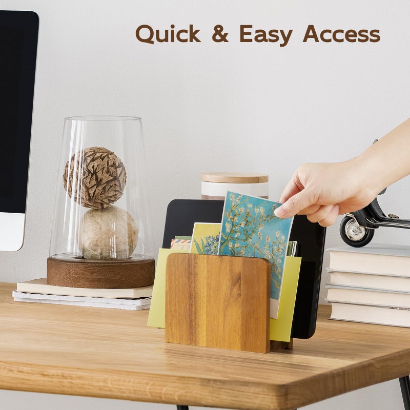 BWODYAY Acacia Wood Mail Organizer, Mail Holder for Desk, Letter Holder for Countertop, Small Envelope Holder, Desk Organizers and Accessories for Home Office - Image 3