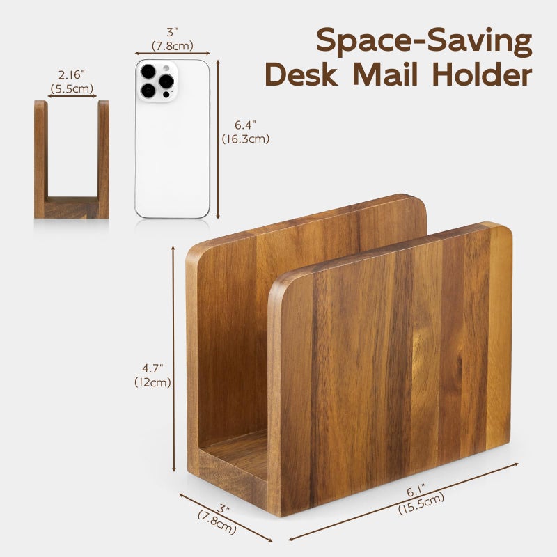 BWODYAY Acacia Wood Mail Organizer, Mail Holder for Desk, Letter Holder for Countertop, Small Envelope Holder, Desk Organizers and Accessories for Home Office - Image 2