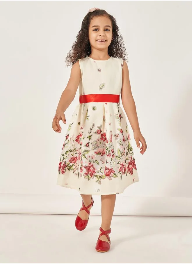 ستايلي Floral Pattern Jacquard Dress with Tie Belt