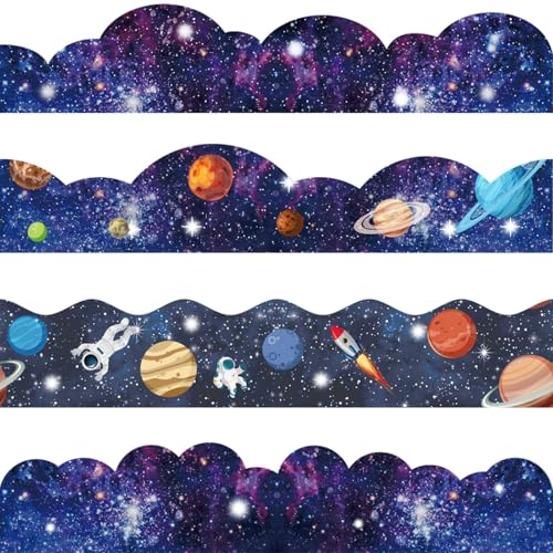 VABAMNA 120ft Bulletin Board Borders Decorations Outer Space Classroom Decor Galaxy Star Planet Astronaut Scalloped Border Trim for Teacher School Office Supplies Classroom Door Wall Decor, 4 Patterns - Image 1