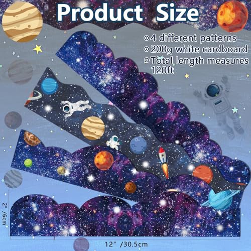 VABAMNA 120ft Bulletin Board Borders Decorations Outer Space Classroom Decor Galaxy Star Planet Astronaut Scalloped Border Trim for Teacher School Office Supplies Classroom Door Wall Decor, 4 Patterns - Image 3