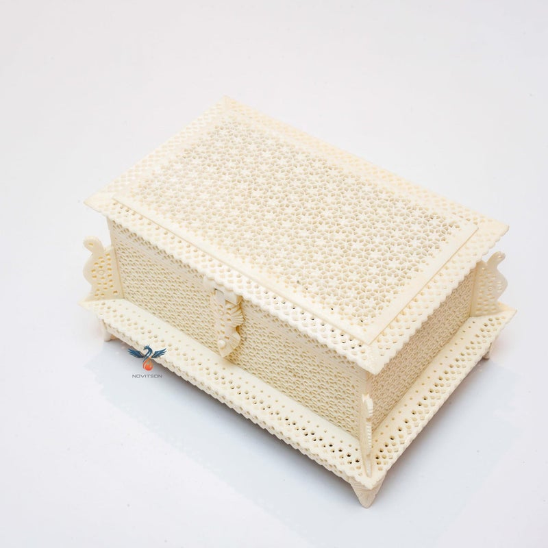 Novitson Royal Ghazni Antique Mashrabiya Jewel Box – Handcrafted Square Keepsake Chest | Animal Bone Exterior, Velvet Interior | Off-White Finish | Limited Edition Handicraft for Valuables & Decor - Image 4