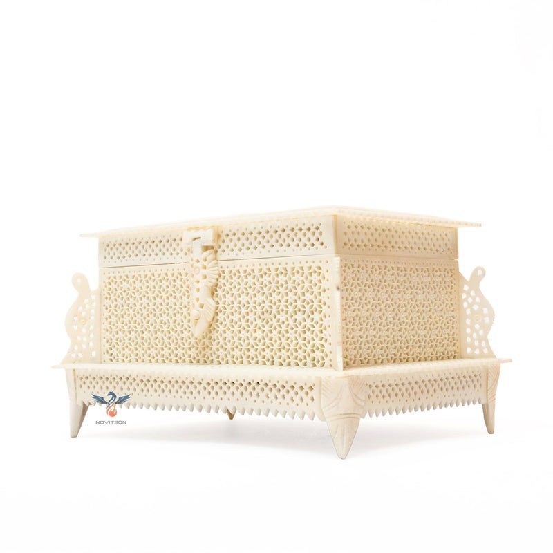 Novitson Royal Ghazni Antique Mashrabiya Jewel Box – Handcrafted Square Keepsake Chest | Animal Bone Exterior, Velvet Interior | Off-White Finish | Limited Edition Handicraft for Valuables & Decor - Image 1