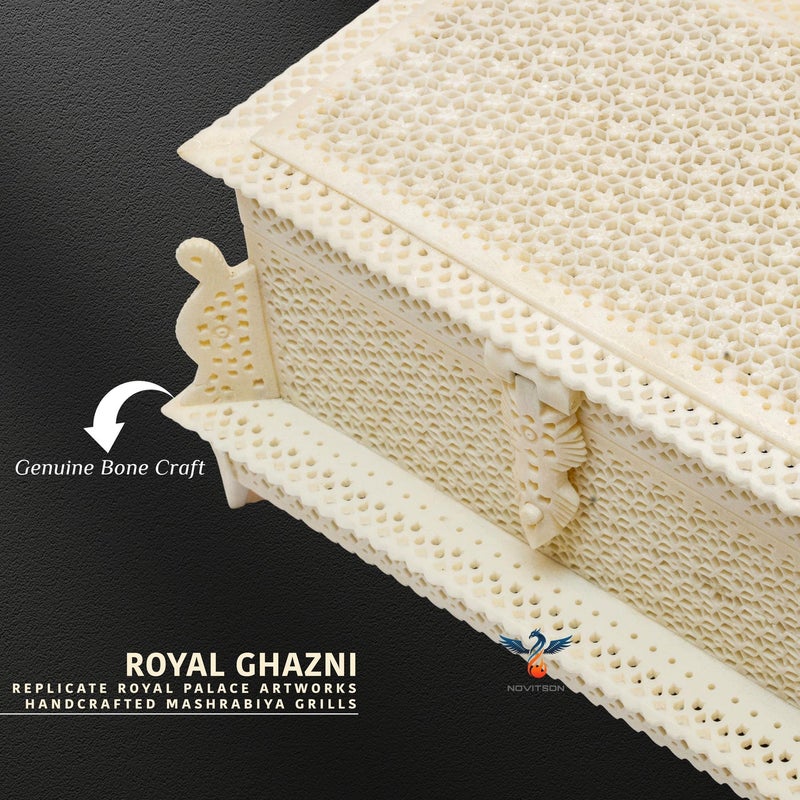 Novitson Royal Ghazni Antique Mashrabiya Jewel Box – Handcrafted Square Keepsake Chest | Animal Bone Exterior, Velvet Interior | Off-White Finish | Limited Edition Handicraft for Valuables & Decor - Image 2