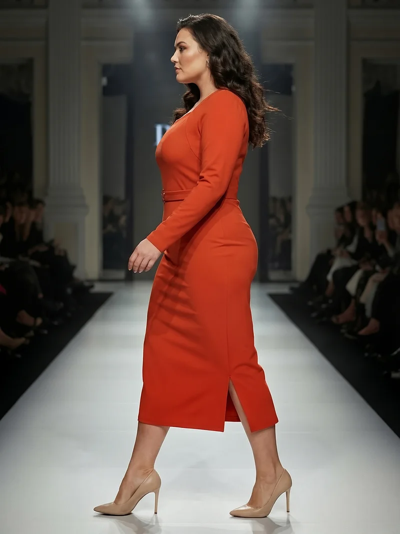 جلو باص فستان ميدي ضيق نسائي بياقة مربعة وأكمام كاملة وحزام وفتحة جانبية مقاس كبير بلون الصدأ