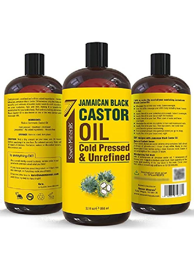 Seven Minerals - Pure Jamaican Black Castor Oil Big 32 Fl Oz Bottle Unrefined & Hexane Free 100% Pure Jamaican Black Castor Oil For Hair Growth Thicker Eyelashes & Eyebrows Dry Skin Healing Hair Care - Image 1
