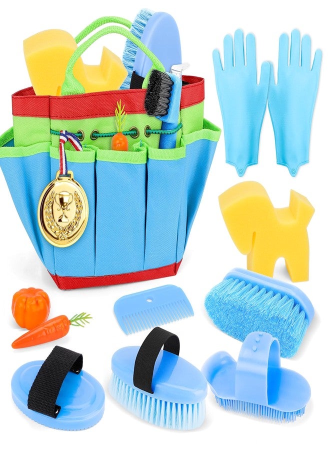 deAO Horse Grooming Kit for Girls 12 Piece Pretend Play Horse Care Set with Tote Bag, Horse Brush Set for Realistic Cleaning and Bathing Play, Gift for Horse Riders Beginners (Blue) - Image 1