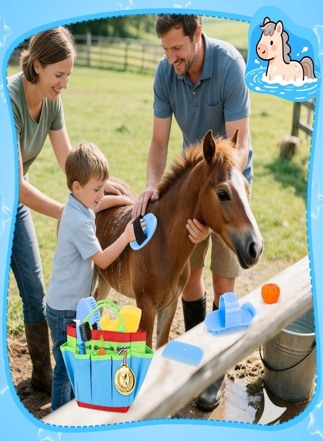 deAO Horse Grooming Kit for Girls 12 Piece Pretend Play Horse Care Set with Tote Bag, Horse Brush Set for Realistic Cleaning and Bathing Play, Gift for Horse Riders Beginners (Blue) - Image 2