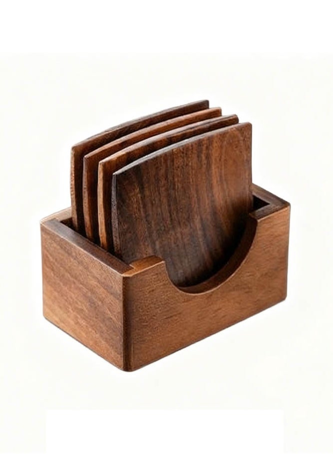 INSENSE Walnut Wood Coaster Set with Holder (4 Pcs) - Premium Heat Resistant Wooden Drink Coasters - Image 1