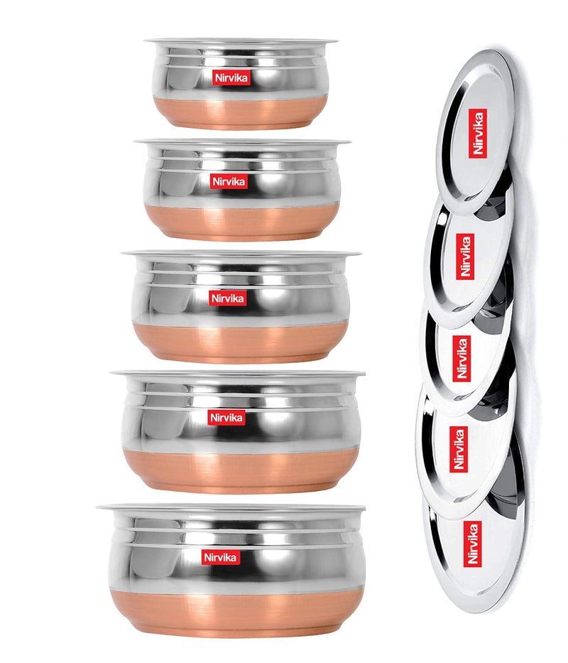 Nirvika Nirvika Stainless Steel Handi Set Copper Bottom Handi With Lid Kitchen Serving,Cooking Bowl |Cookware Set/Urli Set 5-Pieces | Patila Bhagona, 1500 Milliliter - 1500 Ml  - Image 1