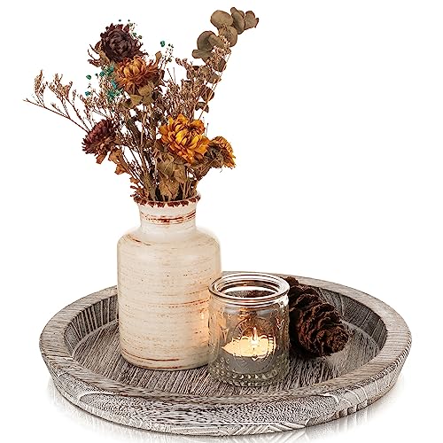 Romadedi Wooden Decorative Tray Candle Holder: Romadedi Round Wood Tray Home Decor, Whitewash Rustic Trays for Farmhouse Dinning Table Kitchen Countertop Coffee Table Wedding Centerpiece, 11inch, Size L - Image 1