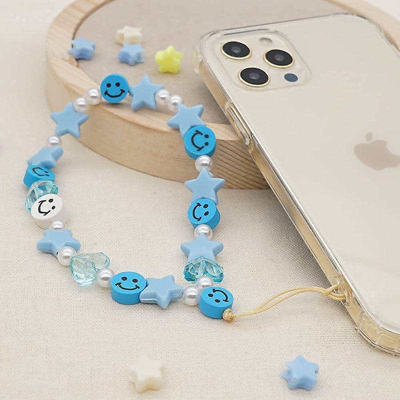 LUSTEMBER Cute Beaded Phone Charm, Smiley Face Wrist Strap, Colorful Handmade Polymer Clay and Pearl Chain - Image 3