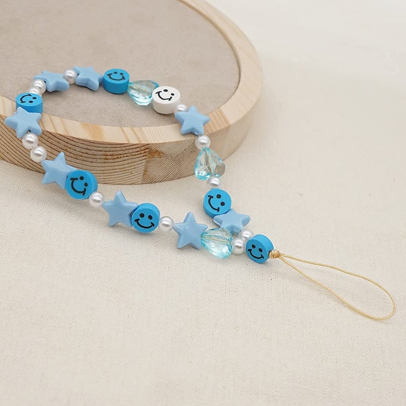 LUSTEMBER Cute Beaded Phone Charm, Smiley Face Wrist Strap, Colorful Handmade Polymer Clay and Pearl Chain - Image 2