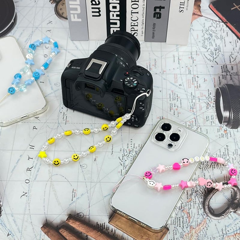 LUSTEMBER Cute Beaded Phone Charm, Smiley Face Wrist Strap, Colorful Handmade Polymer Clay and Pearl Chain - Image 5