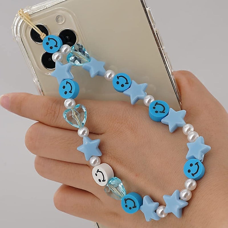 LUSTEMBER Cute Beaded Phone Charm, Smiley Face Wrist Strap, Colorful Handmade Polymer Clay and Pearl Chain - Image 1