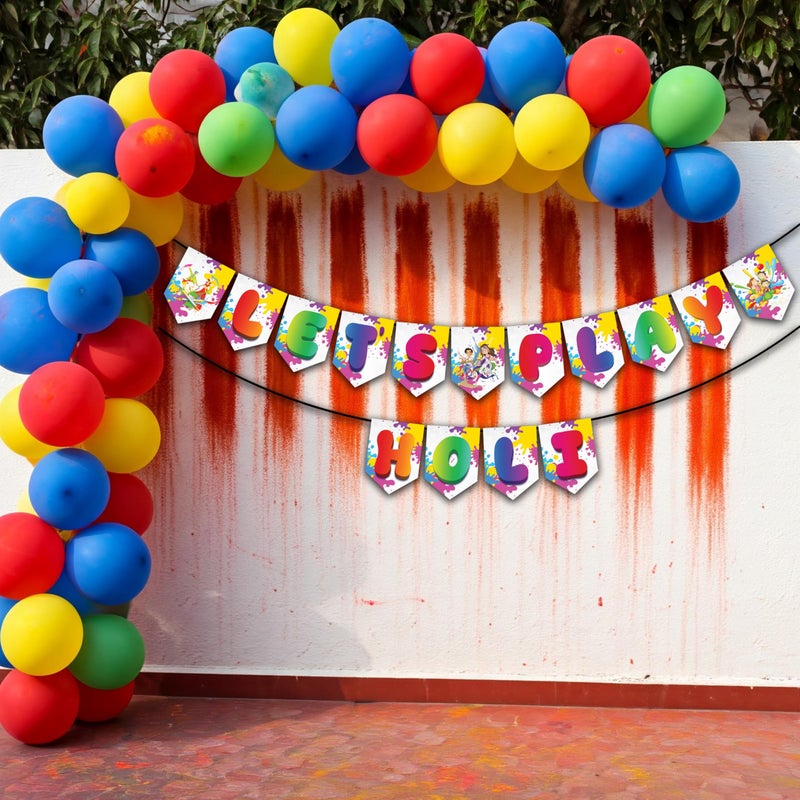 1iAM Happy Holi Decoration Combo Pack of 43 - 1pc "LET'S PLAY HOLI" Banner, 40pcs Balloons, 1pc Pump & 1pc Arch | 14th March Decoration Items for Home, Office, Club, Schools, Collage, Restaurant - Image 1