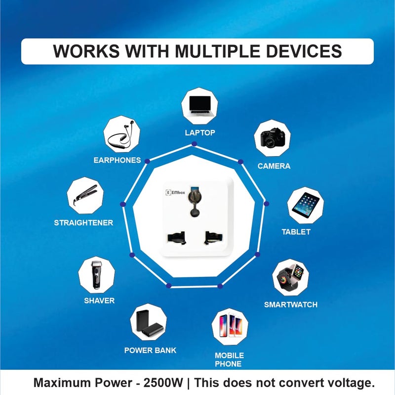EMBOX محول عالمي متعدد المآخذ 2 دبوس نوع D متوافق مع الولايات المتحدة، المملكة المتحدة، الصين، مقبس تمديد مدمج ومحول للكمبيوتر المحمول، الهاتف، الكاميرا، 6A عبوة من 1 - Image 3