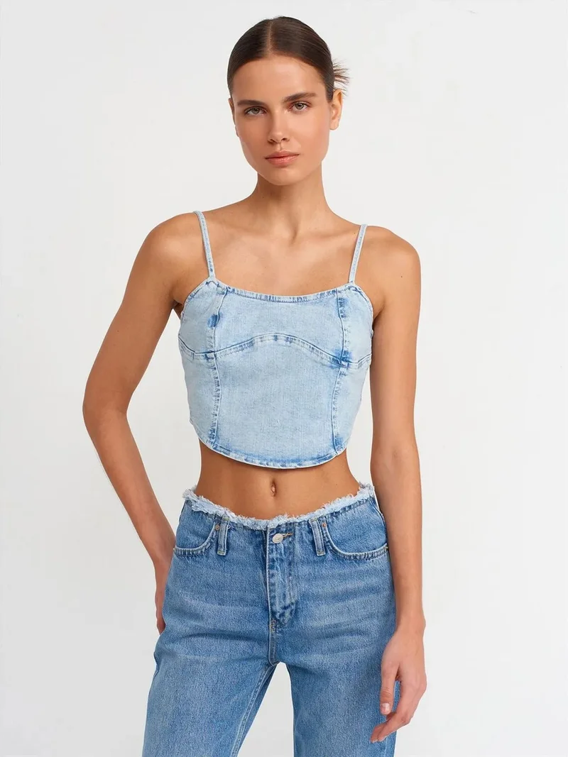 ديلفين DILVIN Fitted Crop Denim Top With Square Neck