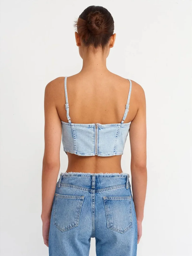 ديلفين DILVIN Fitted Crop Denim Top With Square Neck
