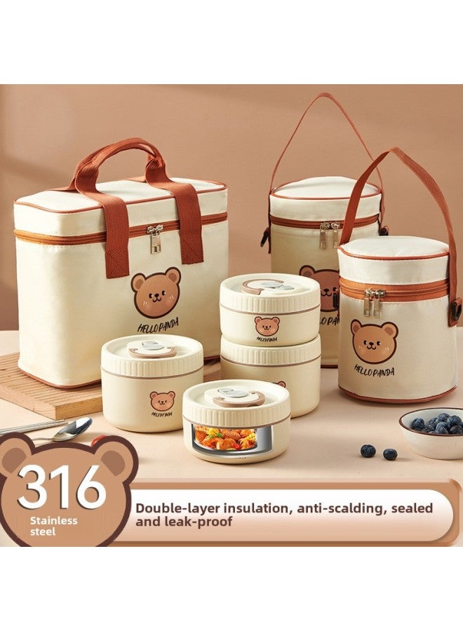 316 Food Grade Stainless Steel Insulated Lunch Box Microwave Oven Heating Soup Bowl Children Bento Box Portable Lunch Box Gift-Specifications:316: Brown-1 Large + Soup Bowl Bag + Portable Tableware (bear Type)  - Image 2