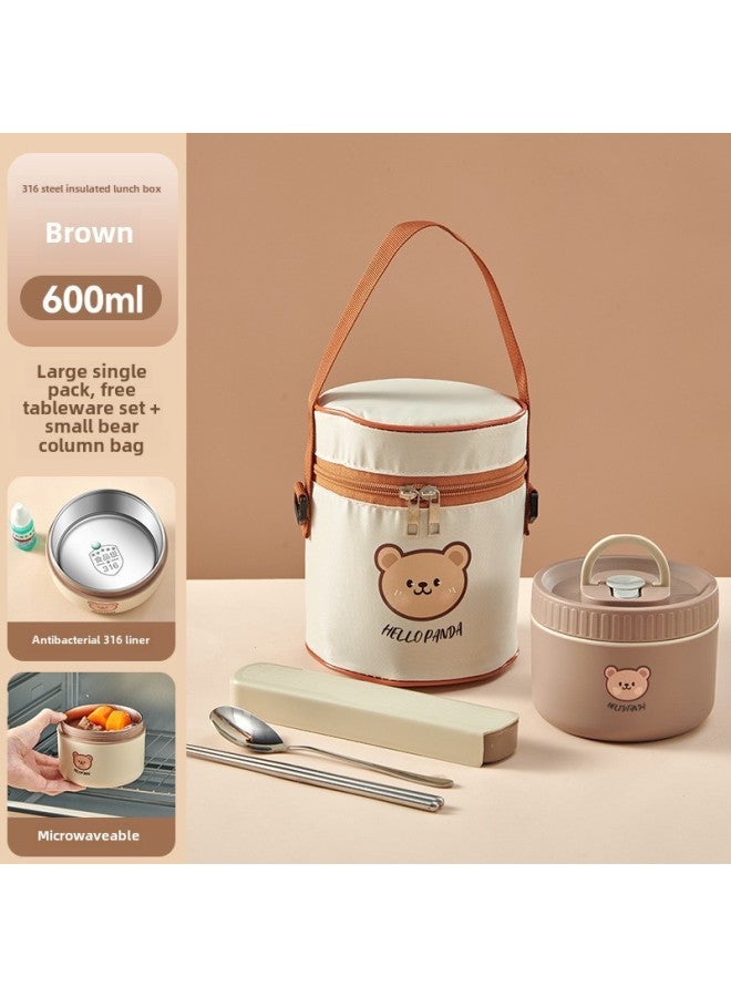 316 Food Grade Stainless Steel Insulated Lunch Box Microwave Oven Heating Soup Bowl Children Bento Box Portable Lunch Box Gift-Specifications:316: Brown-1 Large + Soup Bowl Bag + Portable Tableware (bear Type)  - Image 1