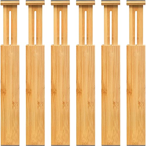 VaeFae Adjustable Bamboo Drawer Dividers, Expandable Drawer Organizer for Kitchen, Bedroom, Bathroom, Dresser and Office, 6-Pack - Image 1