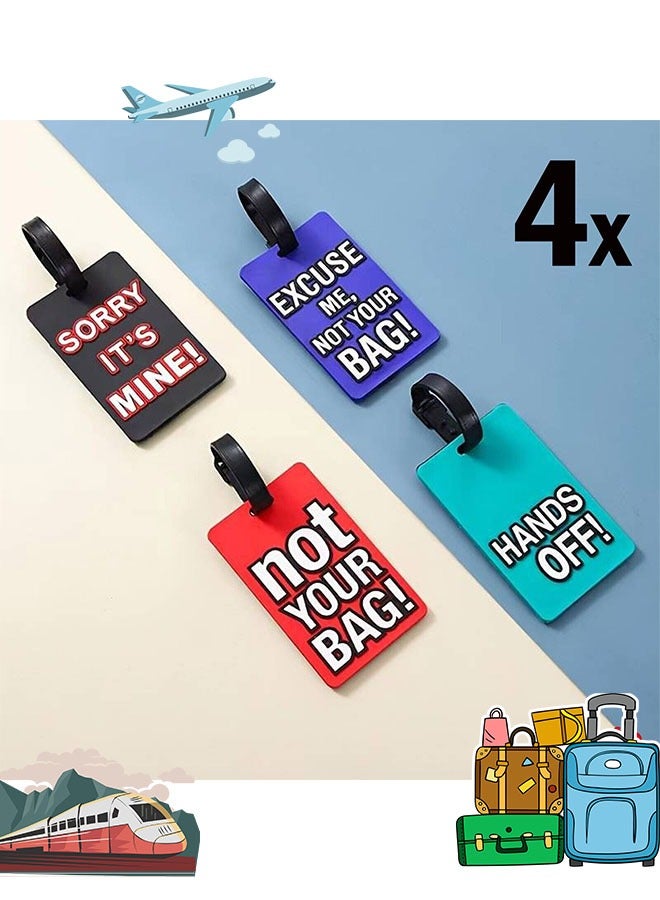 مجموعة 4 قطع من بطاقات الأمتعة – علامات تعريف ملونة للحقائب مع عبارات مرحة، حامل هوية PVC - Image 1