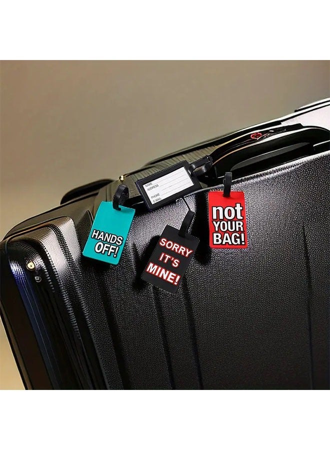 مجموعة 4 قطع من بطاقات الأمتعة – علامات تعريف ملونة للحقائب مع عبارات مرحة، حامل هوية PVC - Image 2