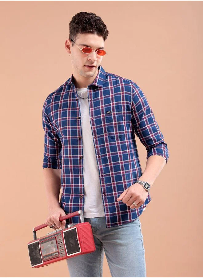 شركة المرآب الهندية Men Slim Fit Checkered Full Sleeves Cutaway Collar Casual Shirt
