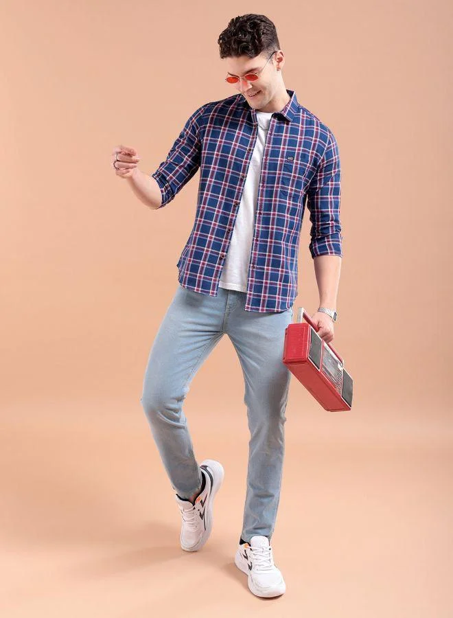شركة المرآب الهندية Men Slim Fit Checkered Full Sleeves Cutaway Collar Casual Shirt