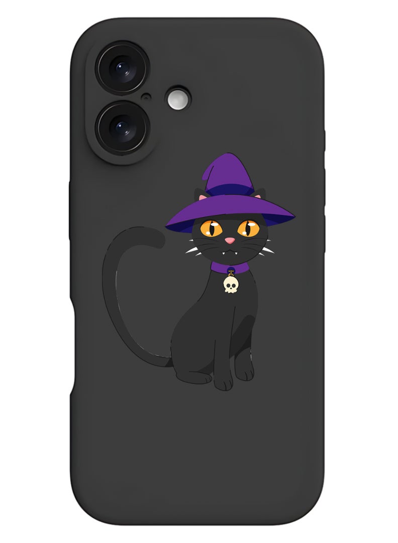 Theodor iPhone 16 Black Protective Slim Fit Case Liquid Silicone Cover with Full Body Protection Anti-Scratch Shockproof Case For iPhone - Cat wearing hat halloween - Image 1