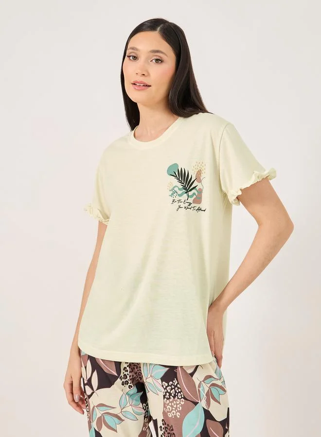 Styli Leaf Print Ruffled Sleeve Hem T-Shirt and Cuffed Pyjama Set