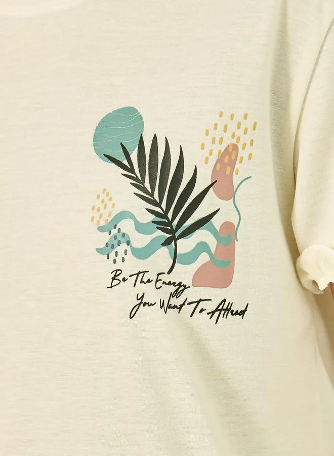 Styli Leaf Print Ruffled Sleeve Hem T-Shirt and Cuffed Pyjama Set