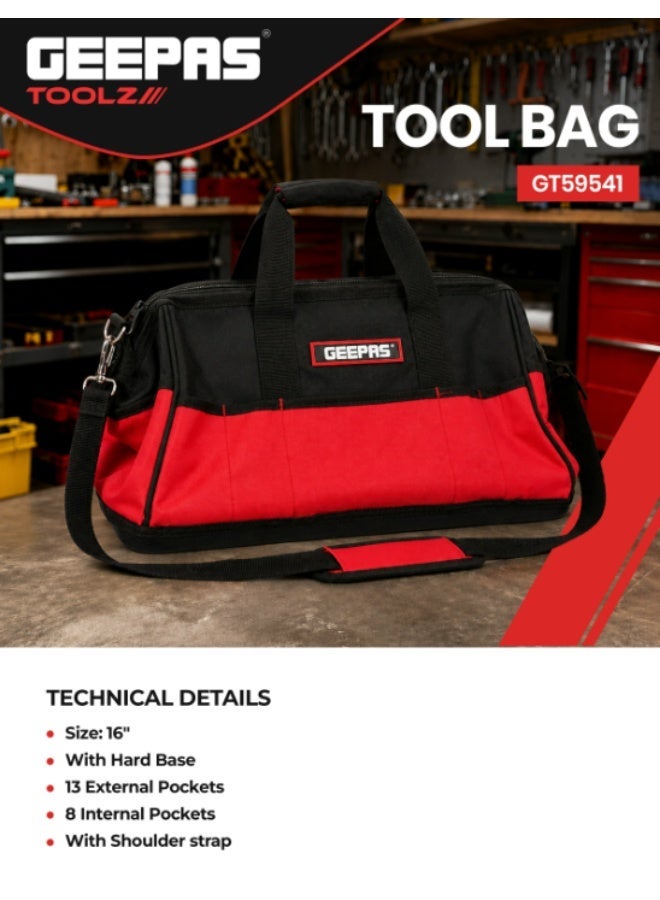 Geepas 16" Heavy-Duty Tool Bag - Professional Storage Organizer with Hard Molded Base, 21 Pockets (13 External & 8 Internal) & Padded Shoulder Strap for Mechanics, Technicians & DIYers - Image 2