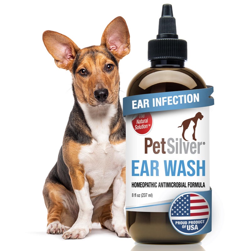 PetSilver Dog Ear Cleaner Solution â€“ Gentle Ear Wash for Dogs and Cats with Chelated Silver â€“ Otic Rinse Formula Targets Wax Buildup, Smelly Odor, and Itchy or Irritated Areas - Made in USA - 8 fl oz - Image 1