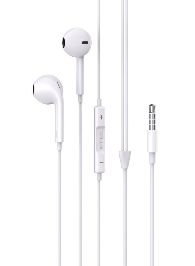 TELUX SOUNDLINK High Bass 3.5mm Stereo Earphones, Wired Earphones with Microphone, In-Line Controls, Comfortable Fit, 14mm Dynamic Drivers, Durable Cable 1.2m – White - Image 1