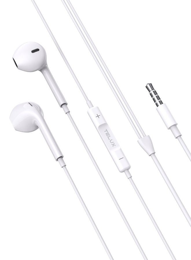 TELUX SOUNDLINK High Bass 3.5mm Stereo Earphones, Wired Earphones with Microphone, In-Line Controls, Comfortable Fit, 14mm Dynamic Drivers, Durable Cable 1.2m – White - Image 2