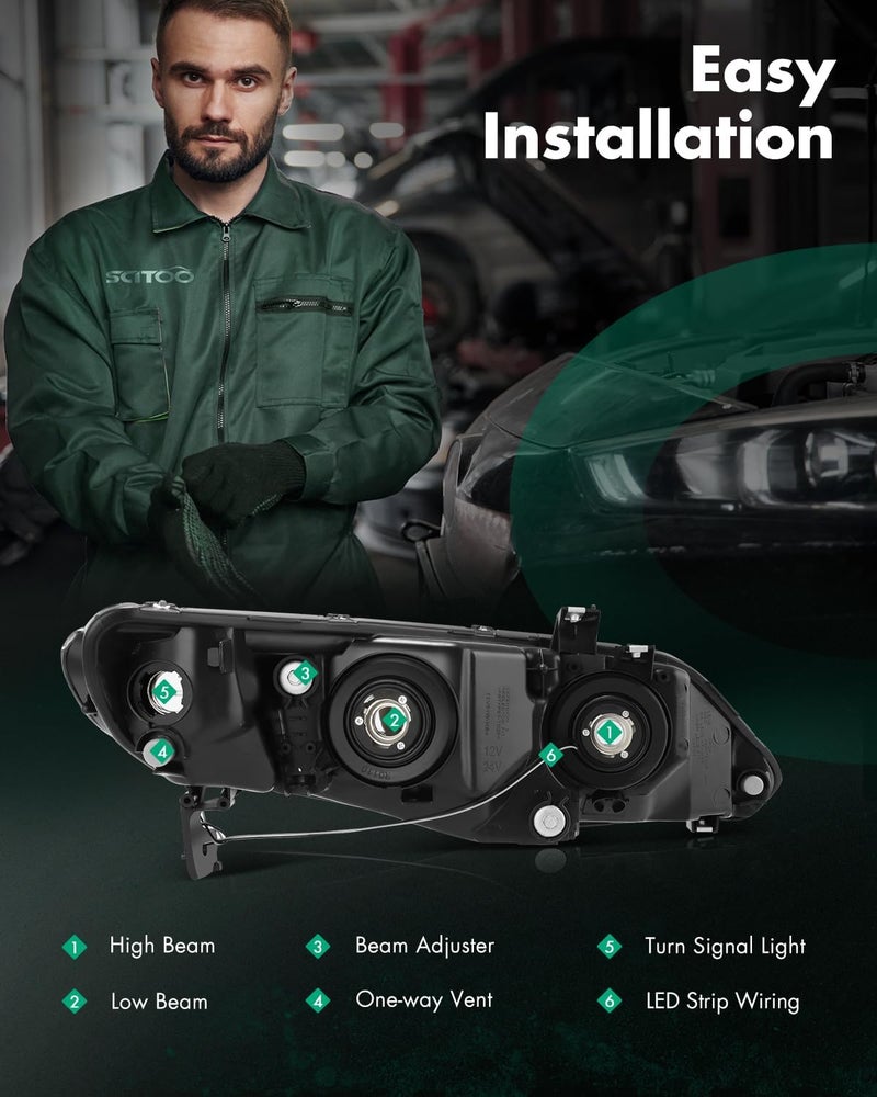 SCITOO Pair Headlight Assembly for Honda Civic 2006-2011 - Black Housing Clear Reflector - Image 3