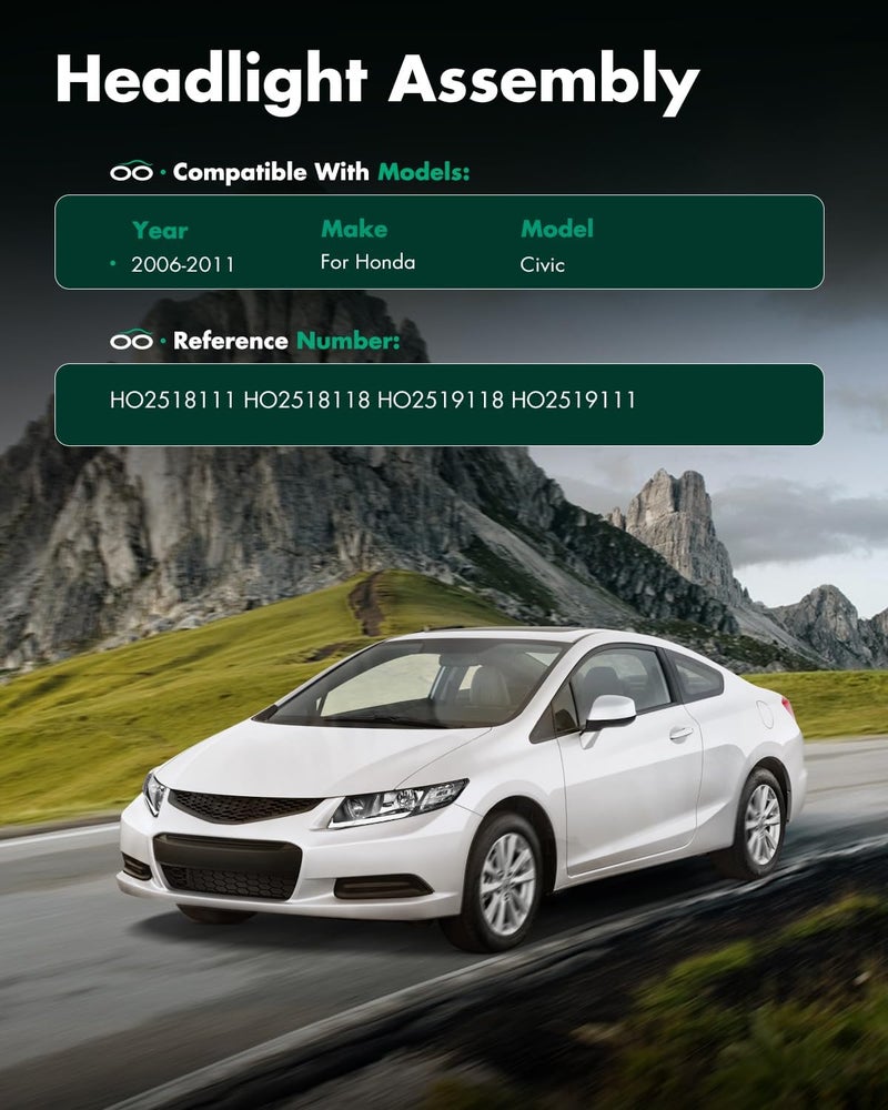 SCITOO Pair Headlight Assembly for Honda Civic 2006-2011 - Black Housing Clear Reflector - Image 5