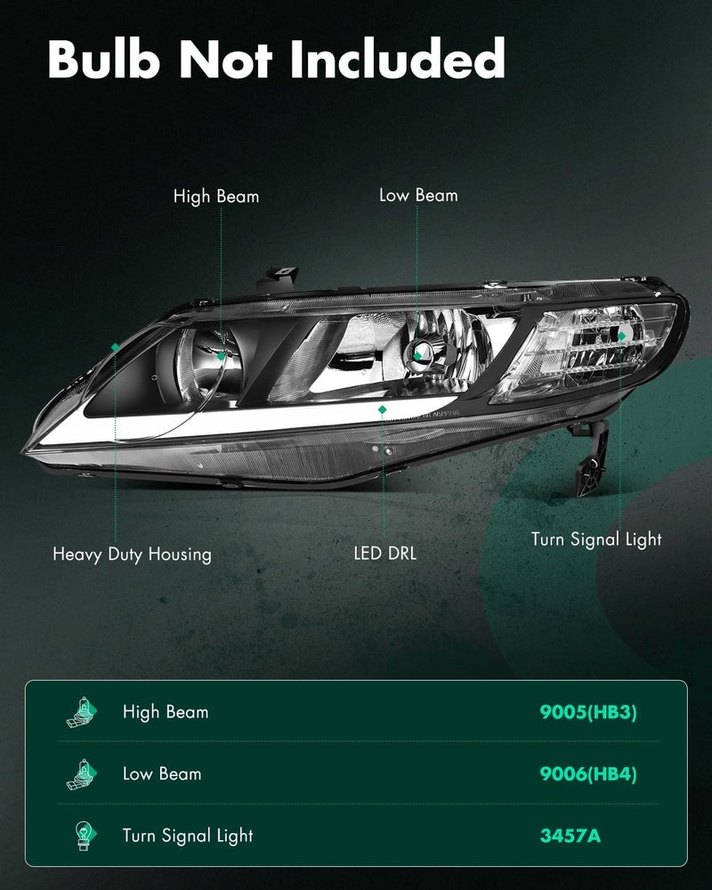 SCITOO Pair Headlight Assembly for Honda Civic 2006-2011 - Black Housing Clear Reflector - Image 2