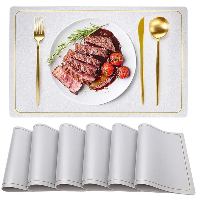 Maharsh Leather Placemats for Dining Table, Waterproof Heat Resistant Easy to Clean Non-Slip Wipeable PU Leather Place Mats Indoor, Washable Kitchen Table Mats (Silver, 6) - Image 1
