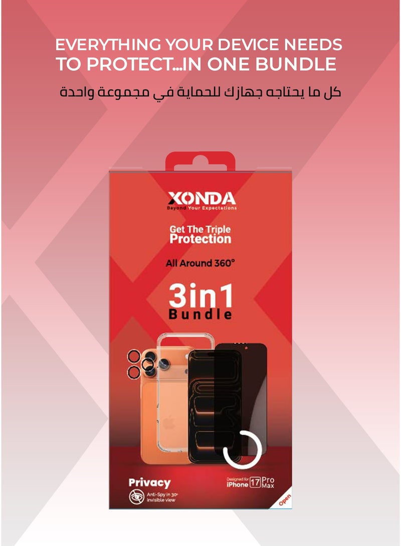 زوندا بكج حماية 3 في 1 لايفون 17 برو – كفر شفاف مقاوم للإصفرار، حماية شاشة خصوصية  مقاومة للكسر، غطاء كاميرا عالي الوضوح. - Image 5