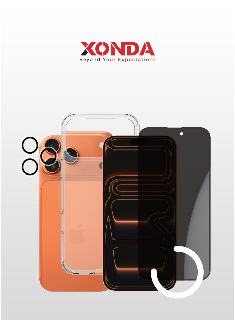 زوندا بكج حماية 3 في 1 لايفون 17 برو – كفر شفاف مقاوم للإصفرار، حماية شاشة خصوصية  مقاومة للكسر، غطاء كاميرا عالي الوضوح. - Image 1