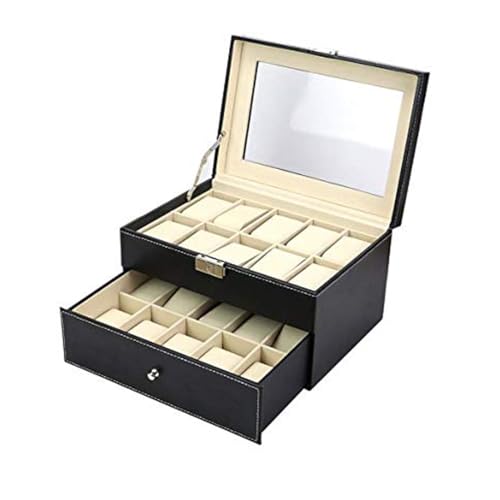 Divinext PU Leather 20 Slots Watch Case for Men Women Double Layer Watch Box Organizer with Large Capacity,30 X 20 X 8 cm(Black Color) - Image 1
