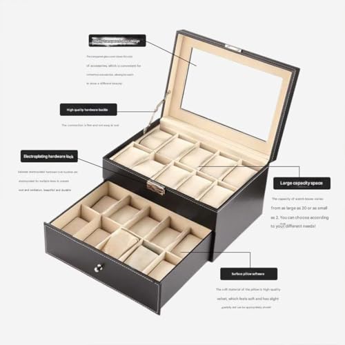 Divinext PU Leather 20 Slots Watch Case for Men Women Double Layer Watch Box Organizer with Large Capacity,30 X 20 X 8 cm(Black Color) - Image 4