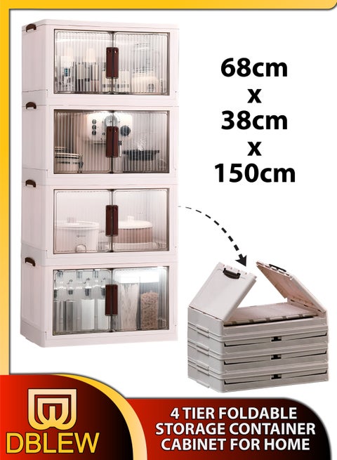 صناديق تخزين بلاستيكية قابلة للتكديس من 4 طبقات، حاويات خزانة ملابس كبيرة، صندوق منظم لغرفة النوم، المطبخ، النوم، غرفة اللعب، المكتب، أبواب شفافة قابلة للطي، منظمة خزانة، أرفف رف متعددة الأغراض