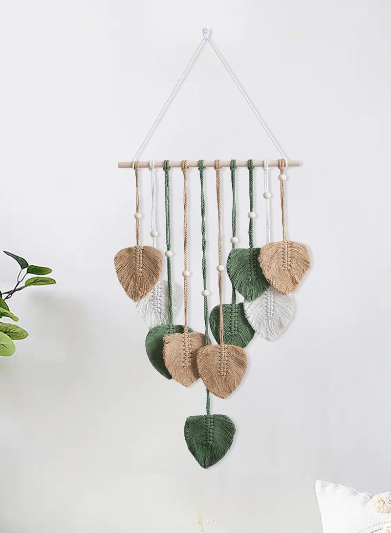 انتيكيانو تعليق على الحائط من مكرمية، ديكور حائط بوهو مصنوع يدويًا، نسيج، نسيج منسوج من مكرمية مع خرزات وأوراق خشبية لغرفة المعيشة، غرفة النوم، الزفاف، ديكور العطلات (بني) - Image 1